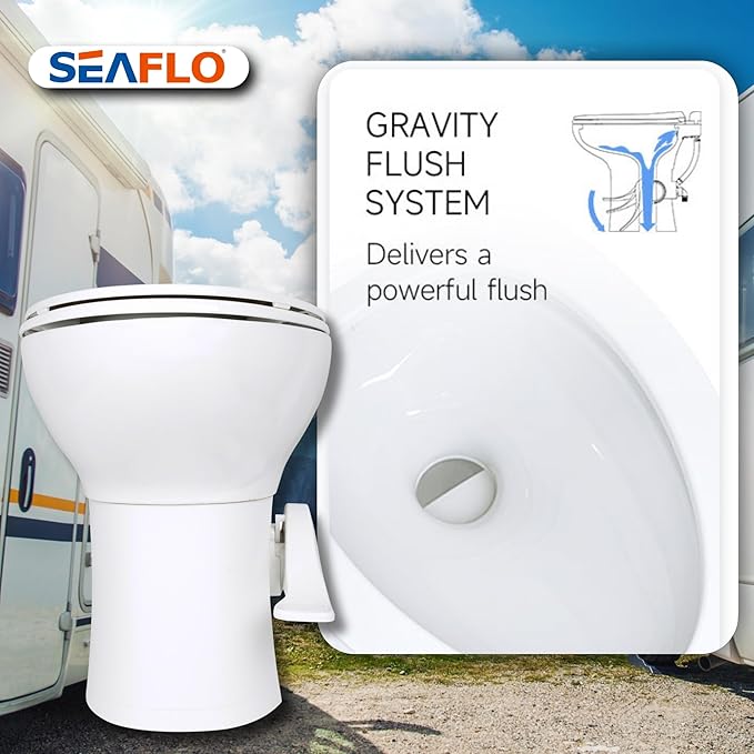 SEAFLO Ceramic Residential Height Camper/RV Toilet with Sprayer Attachment & Elongated Ceramic Bowl, 19” Standard Height, Gravity Flush System, Foot Pedal Operation, Soft Close Seat, 4-Year Warranty