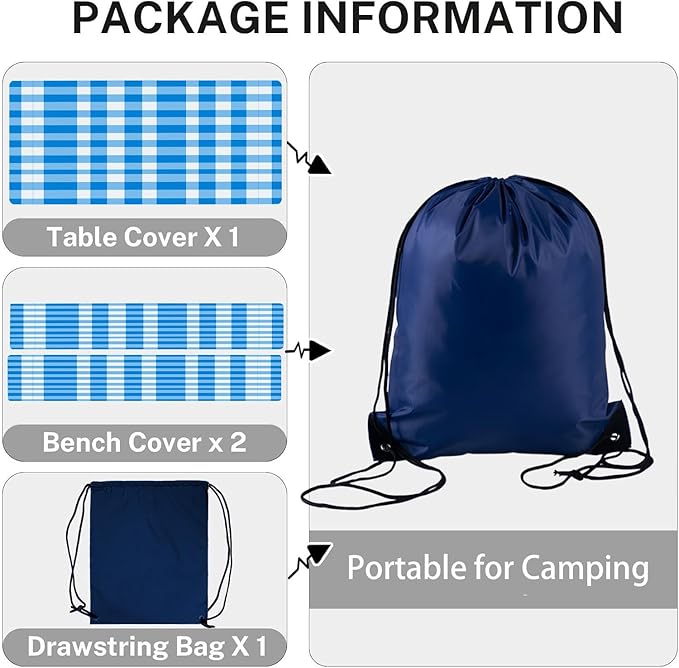 CAPSCEOLL Elastic Picnic Table Cover with Bench Covers 5Ft Waterproof Fitted Picnic Table Cover Cloths for Outdoors Camping Tablecloth with Drawstring Bag, 60X30in, Blue Checkered