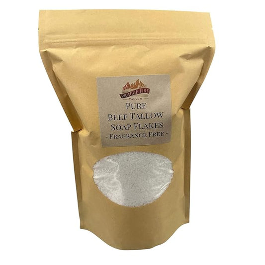 Pure Beef Tallow Soap Flakes - Made in USA - Grass Fed and Finished - Face, Body and Hair - Cleans, Moisturizes, Soothes, and Hydrates. Natural and Organic Fragrance Free