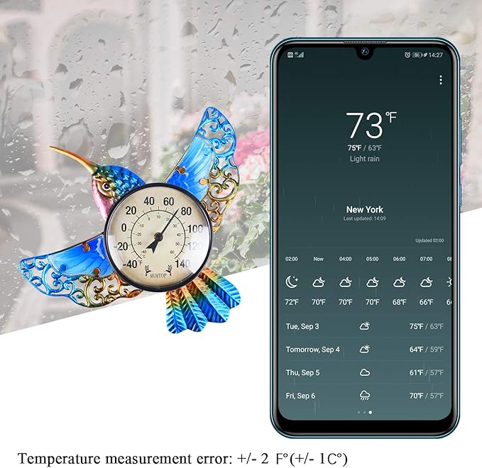MUMTOP Indoor Outdoor Thermometer Hummingbird Waterproof Wall Mounted Thermometer for Patio, Yard, Garden