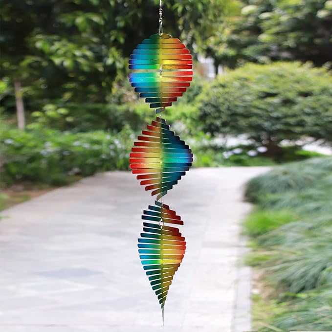 SPRING SONG Rainbow Helix Kinetic Wind Spinner for Yard and Garden Wind Spinner Outdoor Stainless Steel Long Hanging Rainbow Decor 3D Garden Art Wind Sculpture Spinners Kinetic Art Spinner