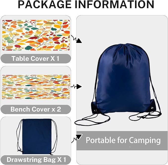 CAPSCEOLL Fitted Picnic Table Cover with Bench Covers with Elastic 8Ft Waterproof Camping Picnic Table Cover Cloths for Outdoors Camping Tablecloth with Drawstring Bag, 96X30in, Fall Leaves