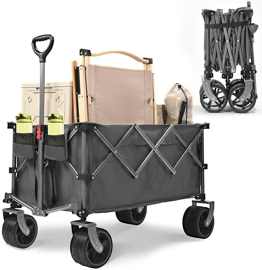 400L Heavy Duty Folding Wagon Cart-450LBS Capacity All-Terrain Beach Cart with Big Wheels & Drink Holders-Push/Pull Utility Cart for Groceries, Camping, Sports, Shopping (Grey)