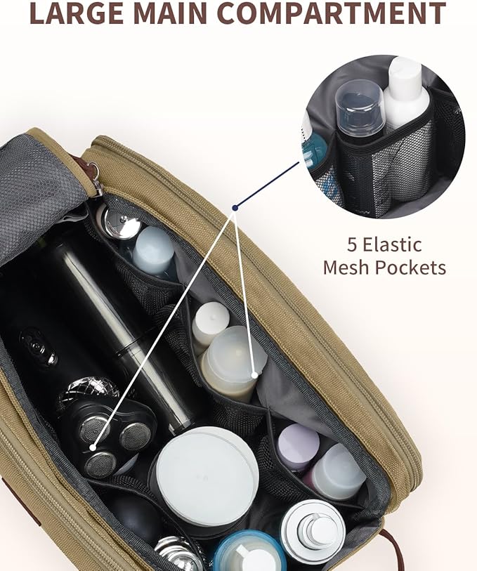 WANDF Toiletry Bag for Men Travel Toiletry Organizer Canvas and Leather Dopp Kit Water-Resistant Shaving Bag for Travel Accessories (Classic Khaki, Large)
