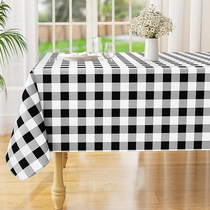 misaya Rectangle Waterproof Vinyl Table Cloth, Buffalo Flannel Backed Tablecloth, Wipeable Plastic Table Cover for Dinner, Kitchen, Outdoor (60" x 120", Black and White)