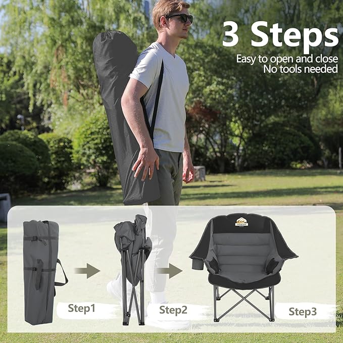 Oversized XL Padded Camping Chair Wide Heavy Duty Lawn Chairs Support 450 LBS Portable Folding Gaint Camp Chair with Side Pocket Cup Holder for Outdoor Outside Sports Baseball-Black&Grey