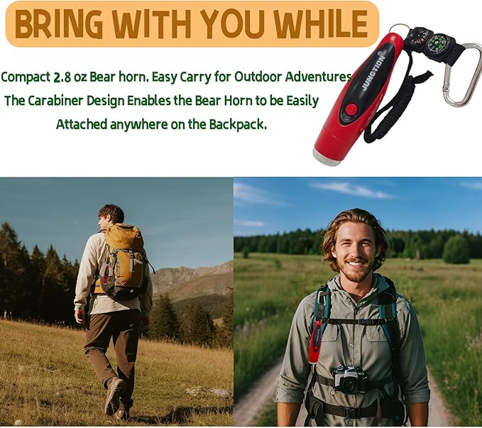 120dB Electronic Air Horn with Compass & Thermometer, Bear Horn to Scare Bears, Loud Air Horn for Safety Hiking Camping Emergency Self Defense, Electronic Whistle Bear Bells for Hiking (Red)