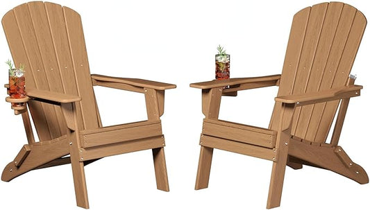 Folding Adirondack Chair, Cup Holder,SGS Tested, Wooden Textured, Heavy All-Weather HDPE Comfortable Set Poolside Backyard Lawn Teak Set 2