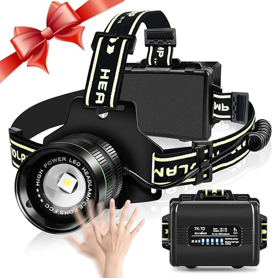 Rechargeable Headlamp, 100000 Lumens LED Super Bright Headlight with Motion Sensor, 5 Modes Zoomable Head Lamp, 180°Adjustable, IPX6 Waterproof for Camping, Running, Climbing, Hiking (Black)