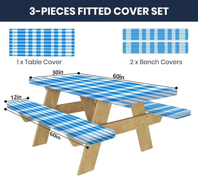 CAPSCEOLL Elastic Picnic Table Cover with Bench Covers 5Ft Waterproof Fitted Picnic Table Cover Cloths for Outdoors Camping Tablecloth with Drawstring Bag, 60X30in, Blue Checkered