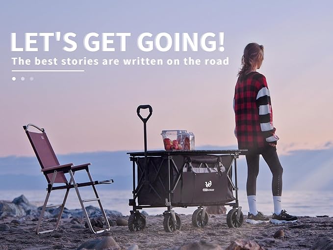Whitsunday Folding Collapsible Utility Wagon, 400Lbs Heavy Duty Outdoor Park Beach Wagon with Table and Side Pocket for Garden Camping Sports Shopping Grey