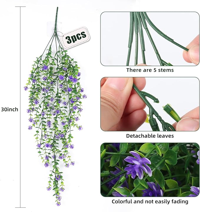 RECUTMS Vine Plant Fake Ferns Plants Large Faux Artificial Hanging Plants Wall Plants Artificial Hanging Plants Outdoors Fake Hanging Plant Greenery Vine for Outdoor Plants Decor 3 Pcs(Purple)