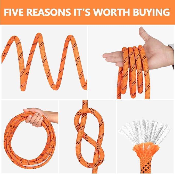 X XBEN Braided Polyester Arborist Rope 3/8 inch X 170ft, 48 Strands, 3430 LBS Breaking Strength Outdoor Rope, Arborist Rigging Rope for Rock Hiking Camping Swing Tree Rescue, Orange