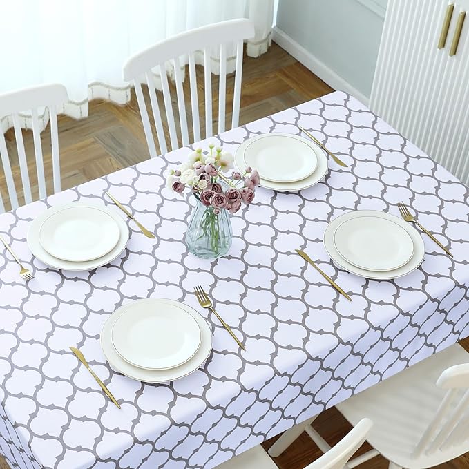 Romanstile Rectangle Plastic Tablecloth, 100% Waterproof Oil-Proof Checkered PVC Table Cloth, Heavy Duty Vinyl Table Cover for Dining, Camping, Picnic, Outdoor - 54 x 78 Inch, Moroco White