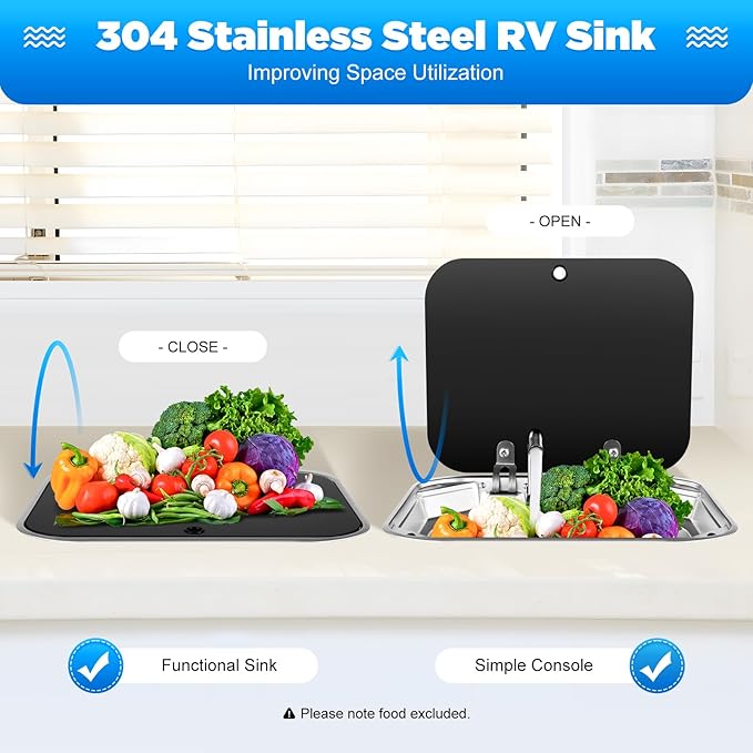 15x17 In Undermount RV Bar Kitchen Sink Workstation with Folding Faucet A and lid, 304 Stainless Steel Single Bowl Hand Wash Basin Drop in Sink Caravan Camper Van Boat Home Mobile Trailer