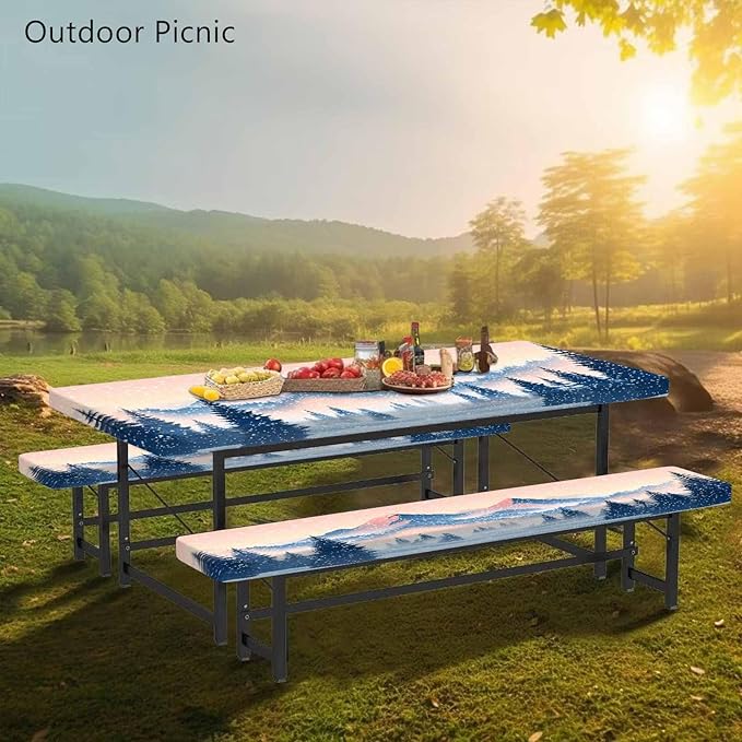 CAPSCEOLL Elastic Picnic Table Cover with Bench Covers 5Ft Waterproof Fitted Picnic Table Cover Cloths for Outdoors Camping Tablecloth with Drawstring Bag, 60X30in, Snow Mountain