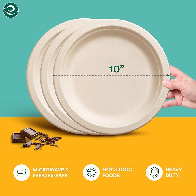 ECO SOUL 100% Compostable 10 Inch Paper Plates 200 [2x100 Pc] Disposable Party Plates I Heavy Duty Eco-Friendly Sturdy Dinner, Wedding, Event Plates I Biodegradable Unbleached Sugarcane Eco Plates