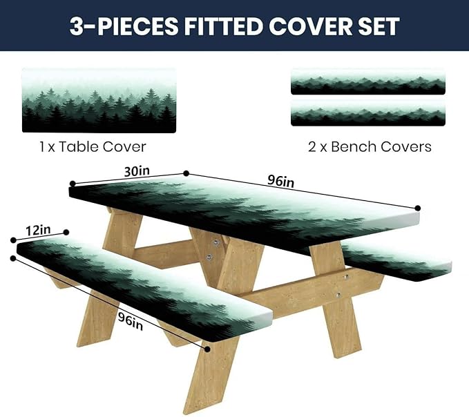 CAPSCEOLL Fitted Picnic Table Cover with Bench Covers with Elastic 8Ft Waterproof Camping Picnic Table Cover Cloths for Outdoors Camping Tablecloth with Drawstring Bag, 96X30in, Green Forest