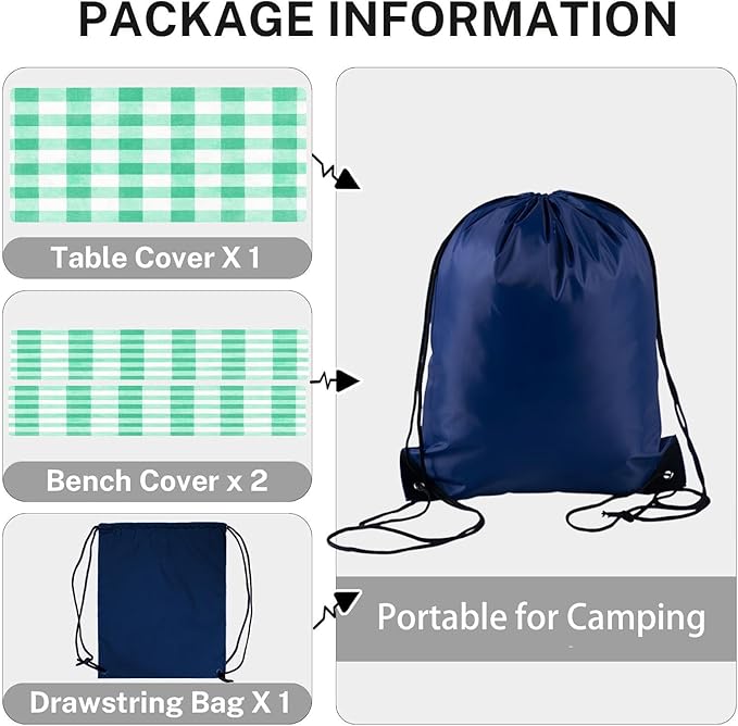 CAPSCEOLL Fitted Picnic Table Cover with Bench Covers with Elastic 8Ft Waterproof Camping Picnic Table Cover Cloths for Outdoors Camping Tablecloth with Drawstring Bag, 96X30in, Green Checkered