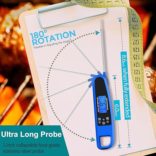 Instant Read Meat Thermometer for Kitchen Cooking, Ultra Fast Precise Waterproof Digital Food Thermometer with Backlight, Magnet and Foldable Probe for Deep Fry, Outdoor BBQ, Grill(Blue)