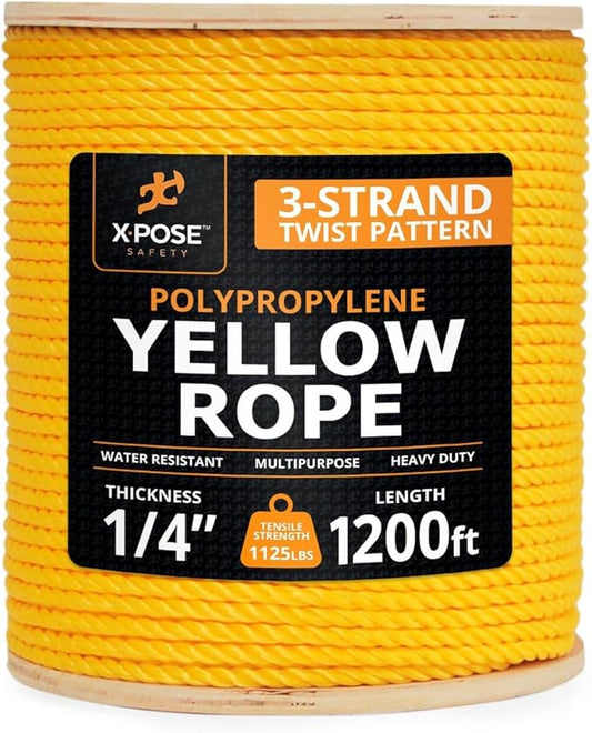 Yellow Twisted Polypropylene Rope, 1/4" Thickness x 1200' Length Heavy Duty Poly Ropes for Outdoor and Marine Use, Yellow Rope for Visibility & Safety