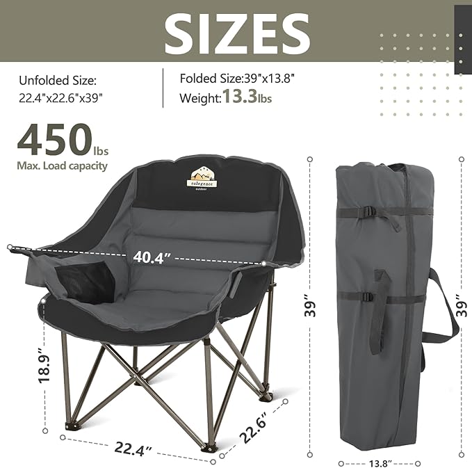 Oversized XL Padded Camping Chair Wide Heavy Duty Lawn Chairs Support 450 LBS Portable Folding Gaint Camp Chair with Side Pocket Cup Holder for Outdoor Outside Sports Baseball-Black&Grey