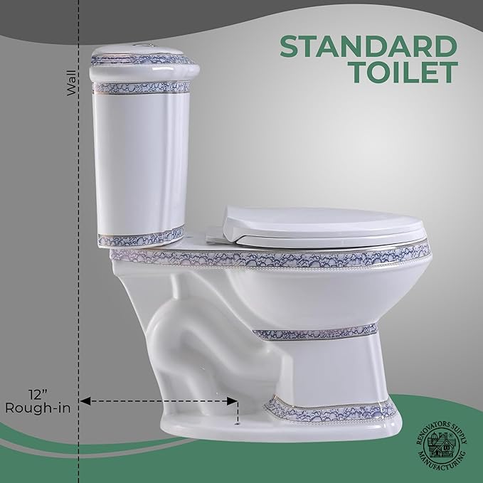 Renovators Supply India Reserve Elongated Two Piece Bathroom Toilet Modern Blue Gold Colour Dual Flush Push Button Slow Close Toilet Seat 0.8/1.6 GPF WaterSense ADA Heavy Duty Porcelain Oval