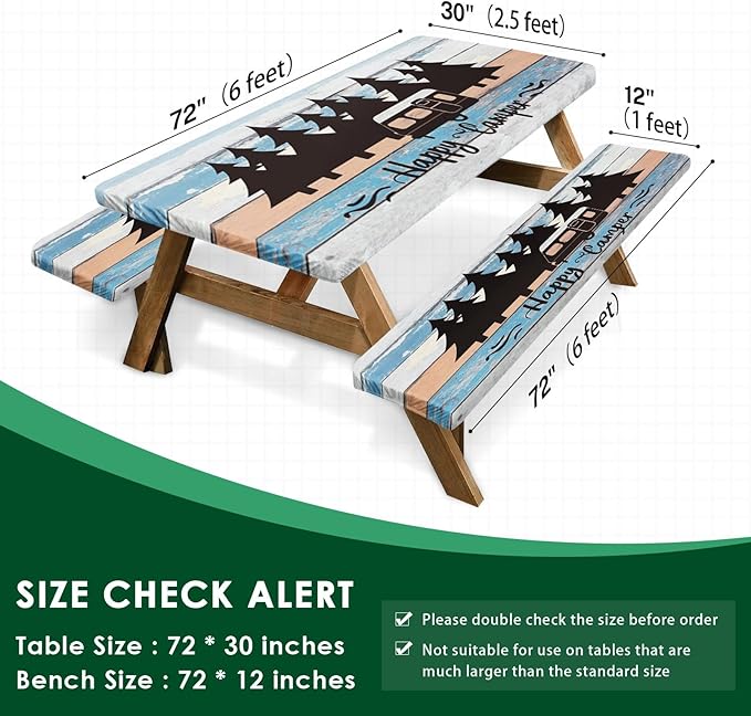 Picnic Table Cover with Bench Covers Elastic Edges, Blue Camper Fitted Table Cover, Outdoor Patio Camping Essentials 72 Inch 3PCS, Waterproof Camping Fitted Tablecloth with Drawstring Bag