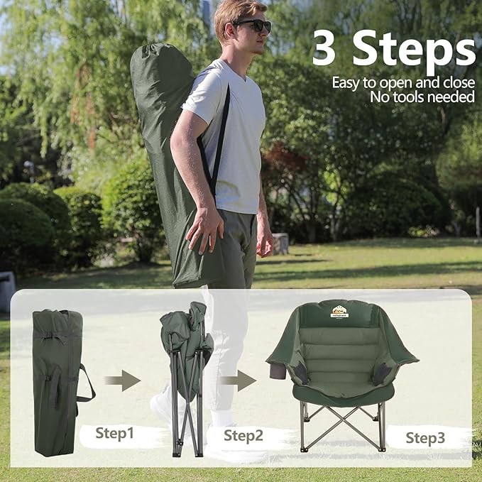 Oversized XL Padded Camping Chair Wide Heavy Duty Lawn Chairs Support 450 LBS Portable Folding Gaint Plus Camp Chair with Side Pocket Cup Holder for Outdoor Outside Sports Baseball-Green