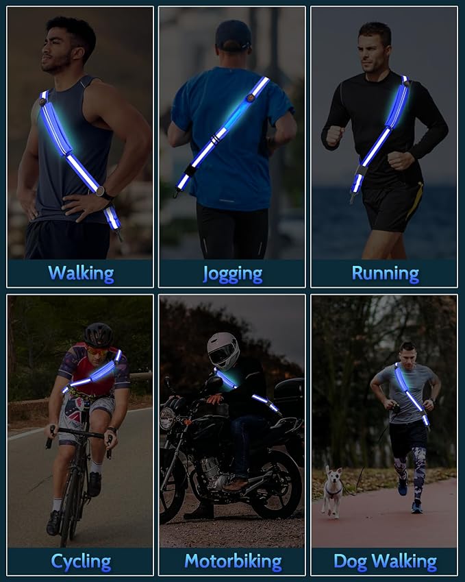 LED Reflective Belt Sash - 5 Lights Colors & 3 Light Modes High Visibility Night Safety Belt, Rechargeable Light Up Running Gear Adjustable Vest Straps for Runners Walkers Men Women