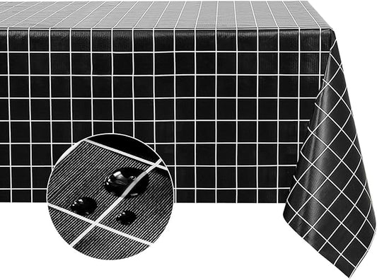 Romanstile Rectangle Plastic Tablecloth, 100% Waterproof Oil-Proof Checkered PVC Table Cloths, Heavy Duty Vinyl Table Covers for Dining, Camping, Picnic, Outdoor - 54 x 120 Inch, Black