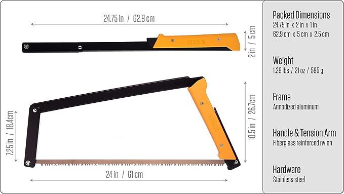 AGAWA - BOREAL24 Backwoods KIT - 24 Inch Folding Bow Saw, Premium Leather Sheath, Additional Aggressive Blade (Black Frame - Yellow Handle)