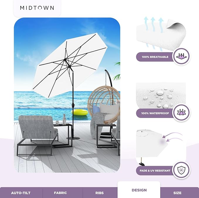 Midtown Umbrellas 10-Year-No-Fade - 8 Ft - UV Proof Ivory (White) Polyester Fabric - Umbrella Outdoor Patio, Auto-Tilt Aluminum Frame Patio Umbrella for Garden, Pool & Deck - Black Pole