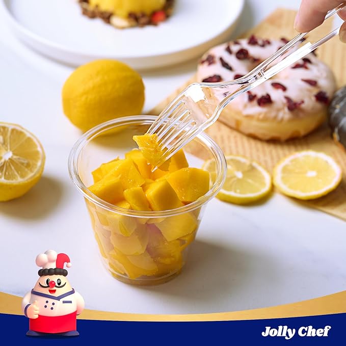 JOLLY CHEF 300 Count Clear Plastic Forks Heavy Duty, 7.1" Heat Resistant Solid and Durable Plastic Forks Disposable, Disposable Bulk Cutlery Perfect for Parties Supply Events Everyday Use