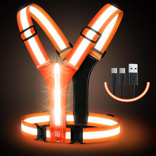 Simket Led Reflective Vest Running Gear, High Visibility Reflective Running Gear Rechargeable Adjustable Led Running Vest, Safety Night Running Gear for Men Women