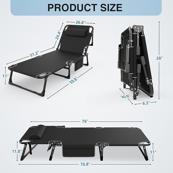 Suteck Camping Cot, 5+2 Positions Adjustable Reclining Folding Camping Cot Sleeping Bed Cots for Adults Outdoor Portable Chaise Lounge Chair W/Carry Bag Pillow Cushion for Home Nap Beach Travel