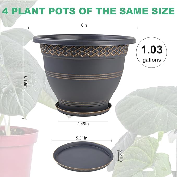 10 Inch 4 Pack Large Plant Pots, Plastic Flower Pot for Indoor & Outdoor with Drainage Holes & Saucer, Plaid Pattern Planters Garden Pots for Herbs