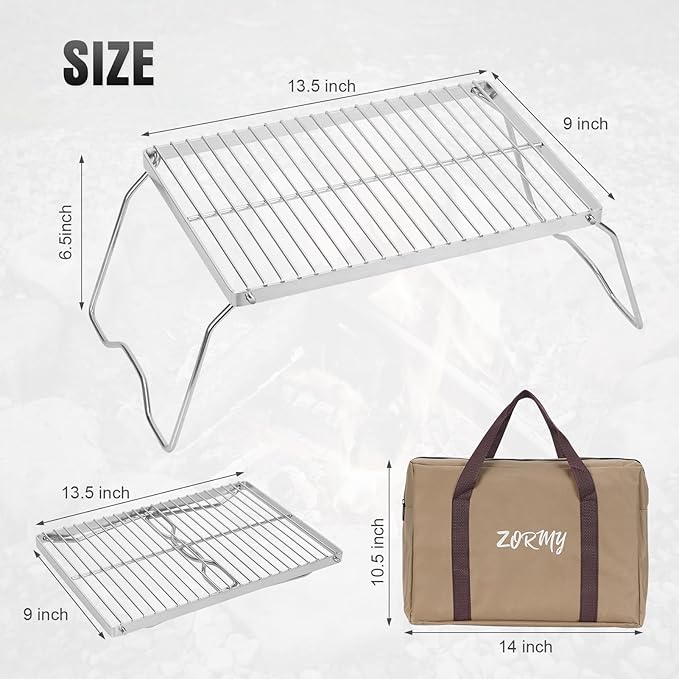 ZORMY 13" Small Folding Campfire Grill, 304 Stainless Steel Firepit Grill Grate, Heavy Duty Portable Camping Grill with Carrying Bag, Gas BBQ Grill Grate for Backpacking, Hiking, Picnics (Medium)