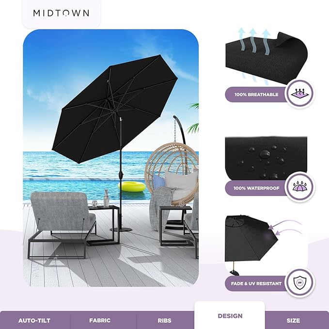 Midtown Umbrellas 10-Year-No-Fade - 6 Ft - UV Proof Black Polyester Fabric - Umbrella Outdoor Patio, Auto-Tilt Aluminum Frame Large Patio Umbrella for Garden, Pool & Deck - Black Pole