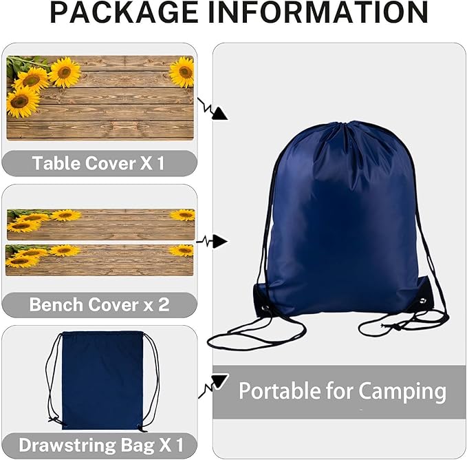 CAPSCEOLL Picnic Table Cover with Bench Covers 8Ft Waterproof Camping Tablecloth All-Weather Outdoor Table Protector with Drawstring Bag for Camping Essentials, 96X30In, Wooden Sunflowers