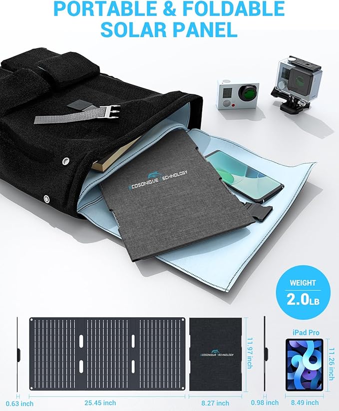 Ecosonique 30W Portable Solar Charger Foldable Solar Panels with USB C USB A Fast Charging Waterproof for Camping Backpacking Compatible with Cell Phone, iPhone, iPad, Samsung Galaxy, LG, Power Banks