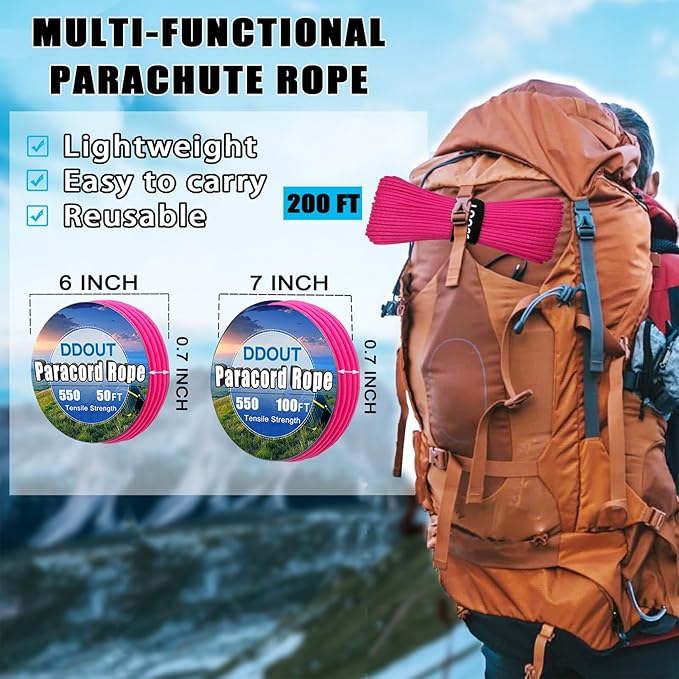 Paracord Nylon Rope Pink 50FT with 7-Strand Core, 10 Colors and 50/100/200 ft, Type III Parachute Cord 4mm for Camping, Survival, Hiking, DIY, Crafting, Outdoor Utility Rope