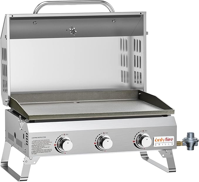 Tabletop Gas Griddle with Foldable Legs, Portable 3-Burner Propane Gas Flat Top Grill Griddle for Outdoor Cooking Patio Barbecue Camping Tailgating RV BBQ, Stainless Steel, #GS309