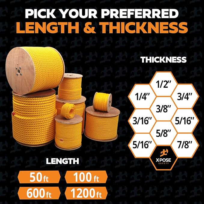 Yellow Twisted Polypropylene Rope, 3/8" Thickness x 600' Length Heavy Duty Poly Ropes for Outdoor and Marine Use, Yellow Rope for Visibility & Safety