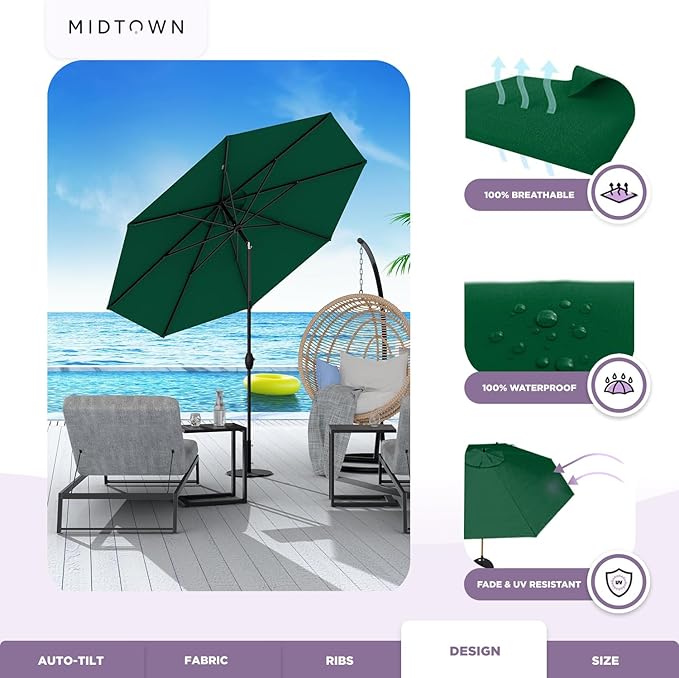 Midtown Umbrellas Sunbrella Umbrella 8 Feet Outdoor Umbrella With Sunbrella Forest Green Acrylic Fabric - Auto-Tilt Aluminum Frame Patio Umbrella For Backyard, Deck, Garden, Pool - Black Pole