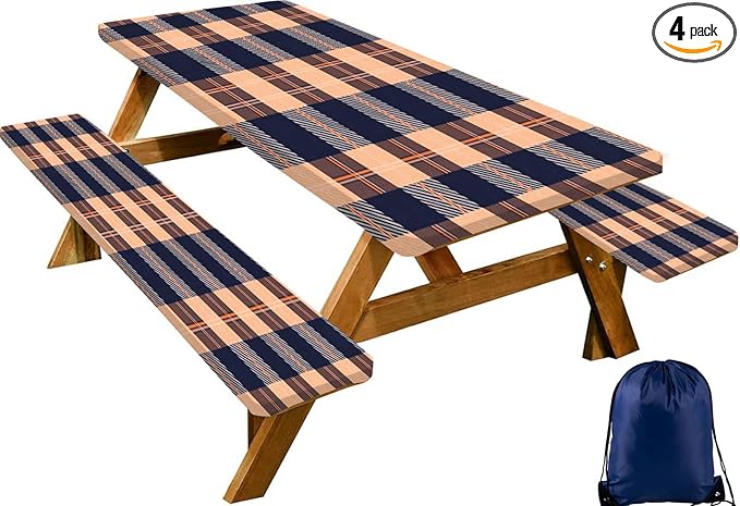 CAPSCEOLL Elastic Picnic Table Cover with Bench Covers 5Ft Waterproof Fitted Picnic Table Cover Cloths for Outdoors Camping Tablecloth with Drawstring Bag, 60X30in, Autumn Plaid