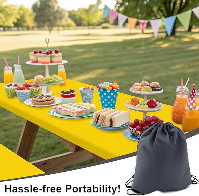 Smiry Picnic Table Cover with Bench Covers, Waterproof Elastic Fitted Polyester Tablecloths for 8 Ft Rectangle Tables, Washable Windproof Tablecloth for Camping, RV & Outdoor (Yellow, 30x96 Inches)