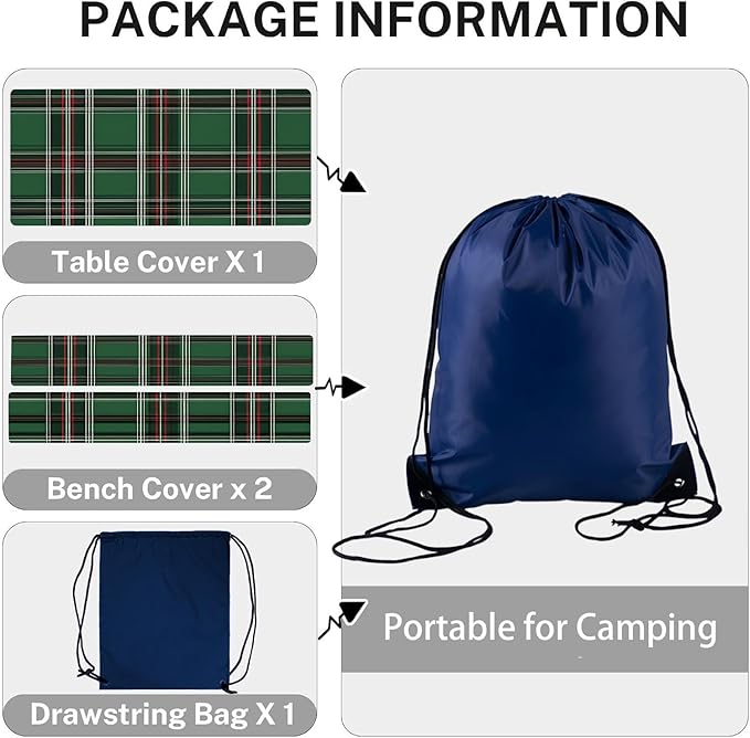 CAPSCEOLL Fitted Picnic Table Cover with Bench Covers with Elastic 6Ft Waterproof Picnic Table Cover for Outdoors Camping Tablecloth with Drawstring Bag, 72X30in, Christmas Green Buffalo Plaid
