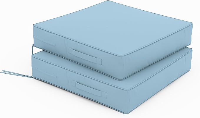 Patio Chair Cushions 22 X 22 X 4 Inch Waterproof Outdoor Seat Cushions for Patio Furniture, Outdoor Sofa Couch Pads with Ties & Handle, Set of 2, Light Blue