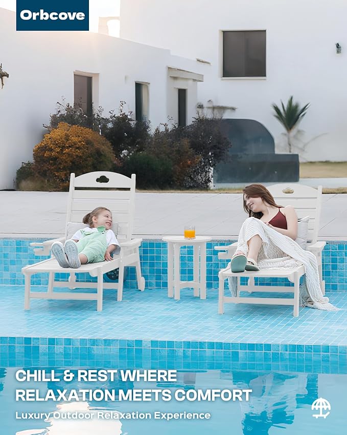 Outdoor Lounge Chair with Cup Holder, Outdoor Chaise Lounge with 6-Position Adjustable Backrest, HDPE Lounge Chair for Poolside, Patio, Deck & Backyard, Chaise Lounge (White, 2)